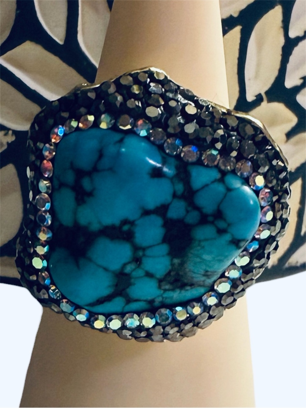 Turquoise Statement Adjustable Ring with Black Crystal Accents